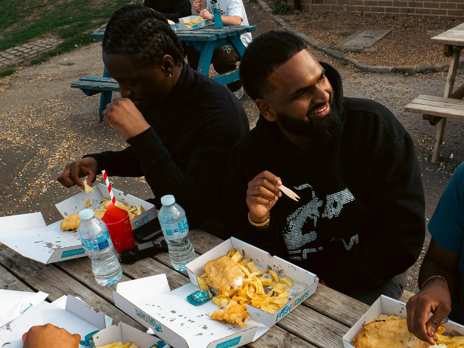 Fish and chips on the picnic benches
