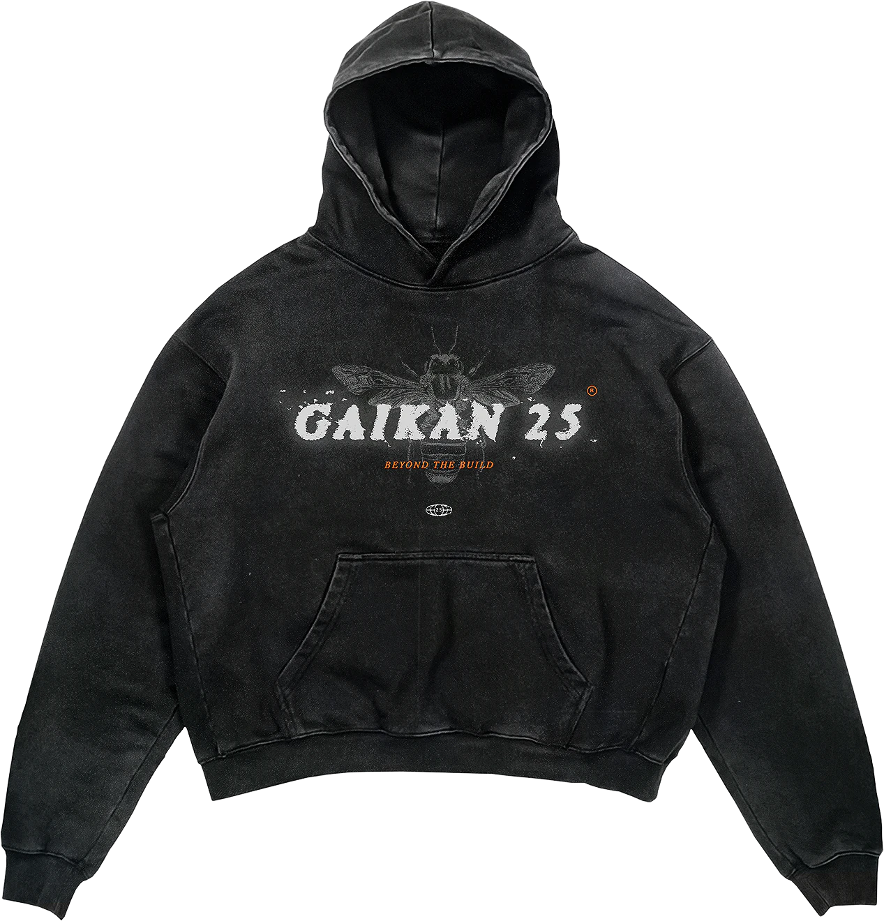 Washed black hoodie with a hornet behind a distressed “GAIKAN 25” wordmark and “Beyond the build” in orange across the chest
