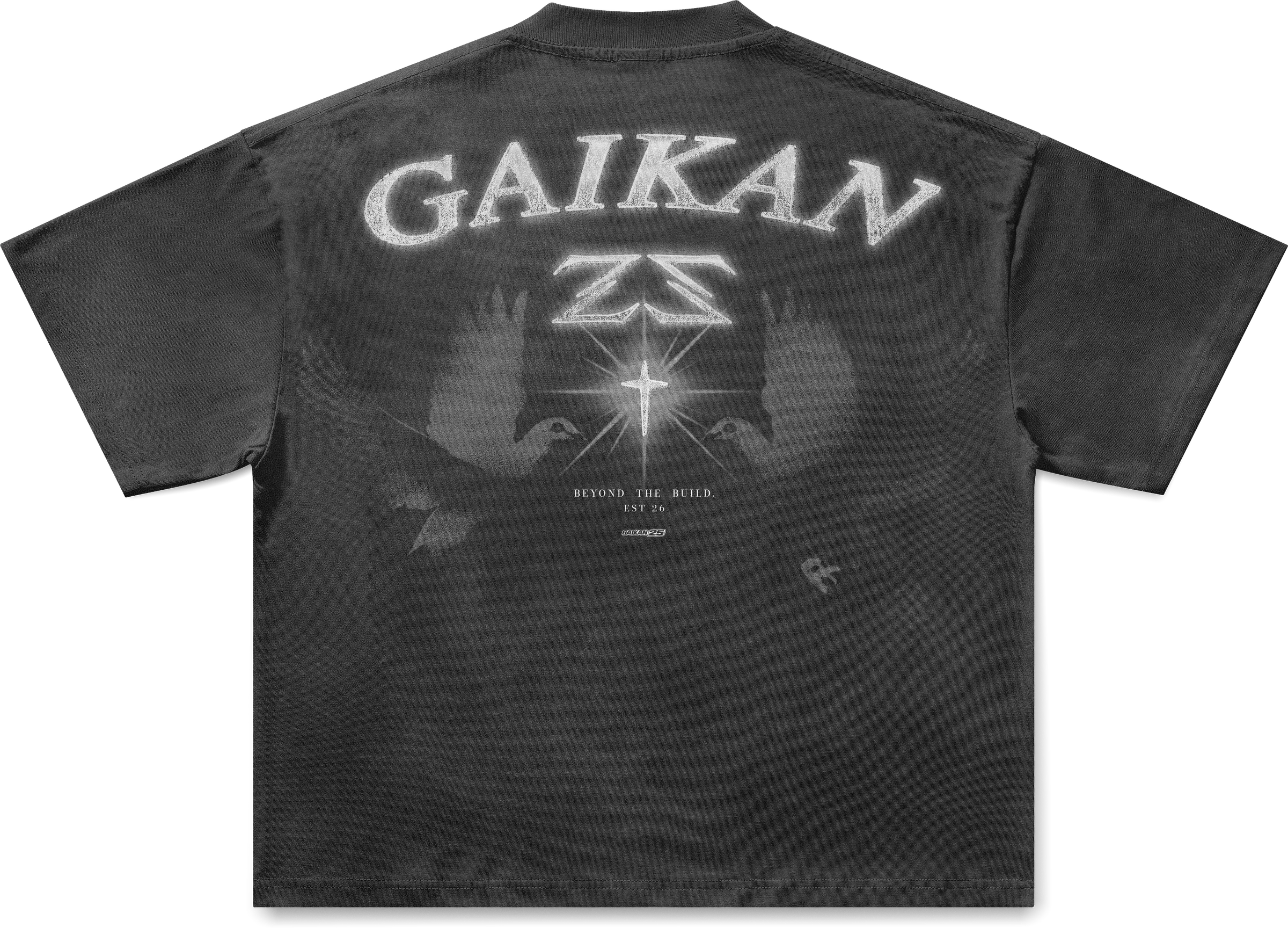 Back of a washed black tee printed with an arched “GAIKAN” wordmark over the 25 monogram, two doves, a star and “Beyond the build. Est 26”